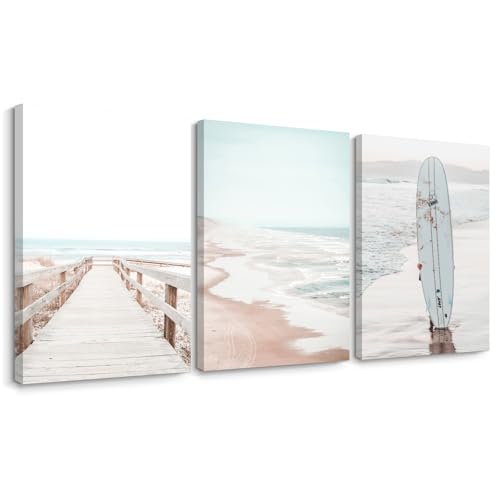 Beach Coastal Wall Art Pictures Beachy Ocean Canvas Wall Decor Surf Aesthetic Wall Art Surfboard Beach Painting Poster Coastal Ocean Artwork Prints for Bathroom Room 12x16 Inch Unframed Set of 3 - color: Sea Surfboard Prints, size: 12x16 Inch