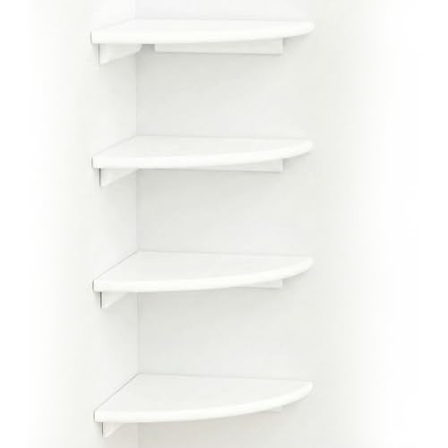 White Corner Floating Shelves for Wall Set of 4, Rounded Wood Wall Mounted Corner Shelf with Hardware, Space Saving Decorative Storage for Kids Room, Bathroom, Living Room, Office