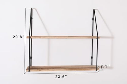 Floating Shelf with Metal Brackets Wall Mounted Rustic Wood Wall Storage Decorative Hanging Display for Trophy Photo Frames Collectibles and Much More 2-Tier – Natural Wood