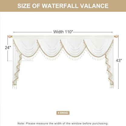 VOGOL Sheer White Waterfall Valance with Beaded Tassels, 138 x 43, 1 Panel - color: White-beaded, size: 138"W x 43"L (Pack of 1)
