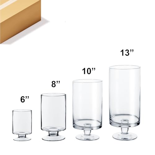 WGVI Clear Glass Pedestal Hurricane Candle Holder, 6"+8"+10"+13" H, Decorative Vase for Pillar Candles, Short Stemmed Candleholder Cylinder, Tabletop, Home Décor, 1 Set of All 4 Sizes - size: 6", 8", 10", 13" H (4-Piece Set)