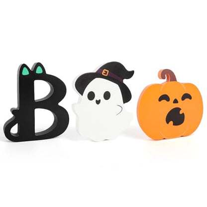 COCHIE Spooky Halloween Table Decorations Indoor Pumpkin Ghost Boo Sign Set - style: Cute