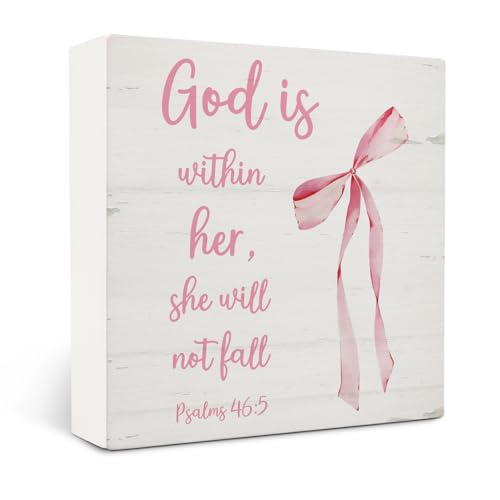 Coquette Room Decor,Pink Coquette Bow Christian Bible Verse Wooden Box Sign,Pink Bow Room Decor For Girls Dorm Desk Shelf Tabletop Decoration 5x5 Inches - color: Bow1