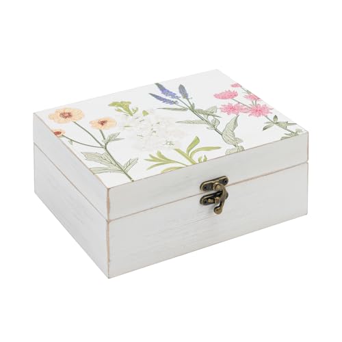 Small Decorative Box with Hinged Lid Wooden Handmade Keepsake Storage Box Floral Printed Jewelry Box Rustic Trinket Box - 7.9 x 6.5 x 3.4 Inches