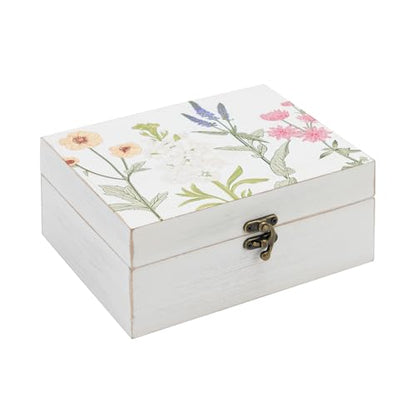 Small Decorative Box with Hinged Lid Wooden Handmade Keepsake Storage Box Floral Printed Jewelry Box Rustic Trinket Box - 7.9 x 6.5 x 3.4 Inches
