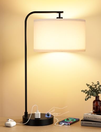 20.7" Tall Table Lamp with USB & Outlet, Fully Dimmable Nightstand Lamp - color: B-White Shade & Black Base