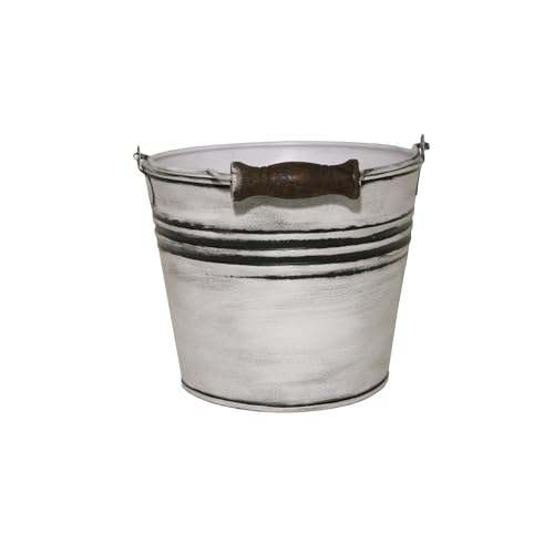 Headwind Vintage Collection - 6 Inch Rustic White Banded Planter with Handles – Small Galvanized Buckets & Metal Flower Pots, Decorative Bucket Planter with Drainage Hole for Indoor Plants & Outdoor G - color: Rustic White, size: 6"