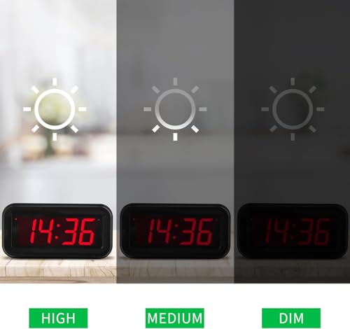 Alarm Clock,1.2'' LED,Cordless,Battery Operated,3-Level Brightness,12/24Hr - color: Black Case-red Led