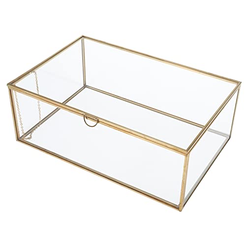Glass Jewelry Display Box, Card Box with Hinged Lid, Gold Keepsake Box - color: Gold, size: Large