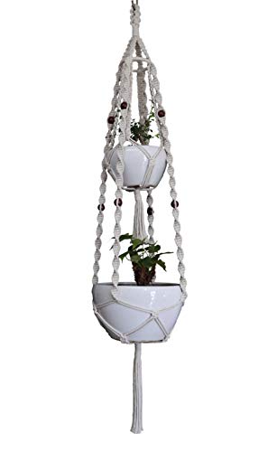 Macrame Plant Hanger & Holder, Hanging Planter 4 Legs Double Deck for 8 inch to 12 inch Two Pots Indoor Outdoor Hanging Planter Basket Hemp Rope 68 Inch Without Pot and Plant (Ivory White)