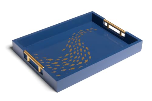 Serving Tray with Gold Fish Design, Navy by Death Decor - style: Navy Blue