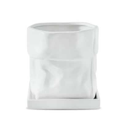 Nihow 6 Inch Ceramic Plant Pot with Drainage & Square Saucer, White - color: White, size: 6 Inch