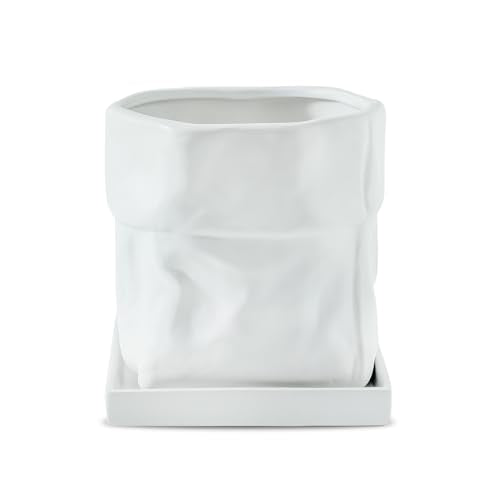 Nihow 6 Inch Ceramic Plant Pot with Drainage & Square Saucer, White - color: White, size: 6 Inch