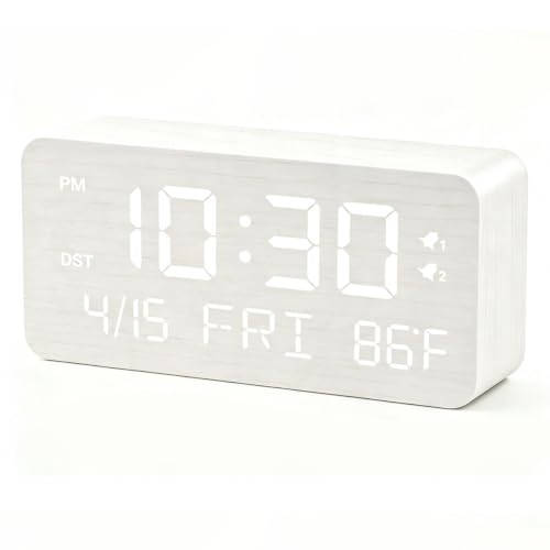 Premium Wooden Digital Alarm Clock with USB Charging Ports, Dimmable LED Display, Date, Day of Week, Temperature, DST, Clocks for Bedrooms, Desk, Nightstand, Bedside, Table, Office, Living Room Decor - color: Rectangle - White