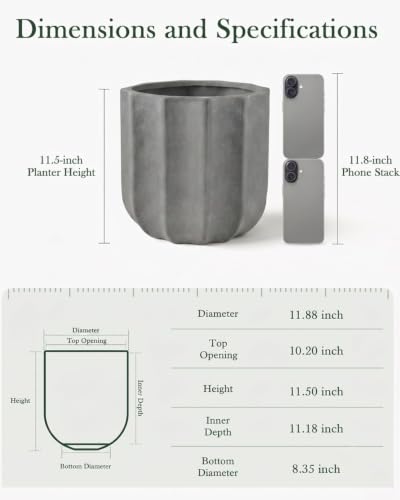 12 Inch Pots for Plants, Large Ceramic Planter with Drainage Hole - color: Grey 12"