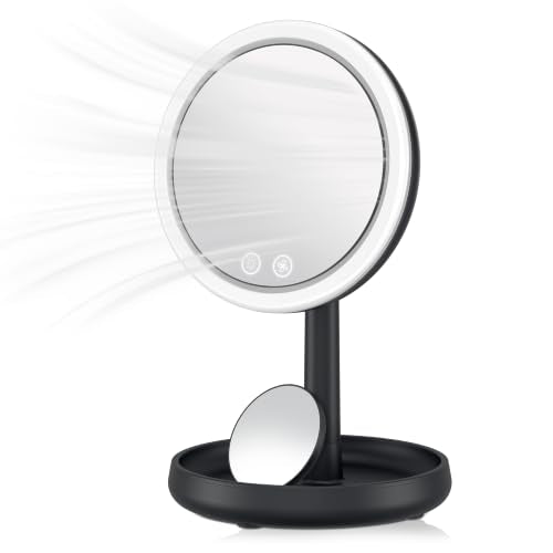 Conair CoolGlow Lighted Fan Mirror – Lighted Makeup Mirror with Magnification & Cooling Fan, 1x & 10x Magnifying Mirror with Light, 3 Brightness Levels, Makeup Mirror, 180° Tilt, USB C Corded, Black - color: Black