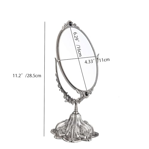 Feyarl Small Vintage Makeup Mirror Floral Tabletop Oval Vanity Mirror with Stand Dressing Room Swivel Double Sided Elegant Decorative Mirror Embossed Frame (Pewter)