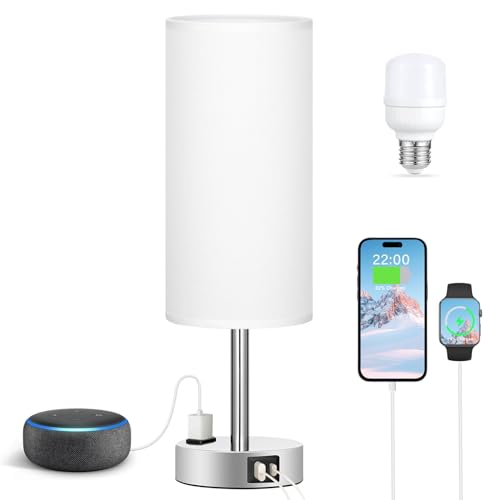 Fenmzee White Bedside Lamp for Bedroom, Dimmable Touch, USB A+C, AC Outlet - color: White - Silver, size: 14"