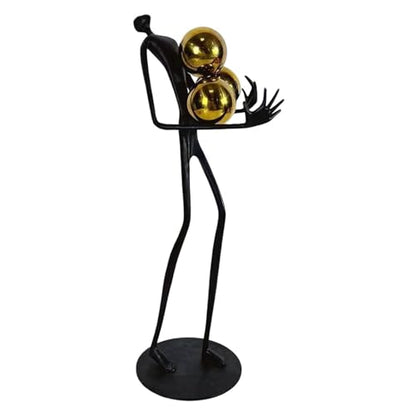Modern Abstract Cast Iron Sculpture with Golden Spheres – 16.2 in Tall Handmade Minimalist Figurine Art for Home Office Decor, Industrial Desktop Ornament Gift (Black) - style: Holding the ball man