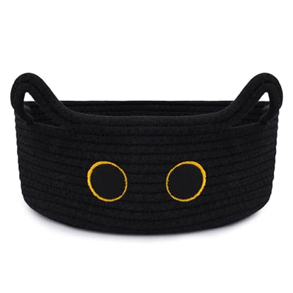 Black Cat Toy Basket for Nursery,Small Cute Cat Oval Woven Rope Basket - color: Black, size: 12"D x 5"H IN