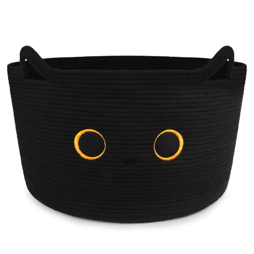 Large Black Cat Basket for Nursery,Cute Cat Woven Laundry Blanket Cotton - color: Black, size: 23 × 13 inches