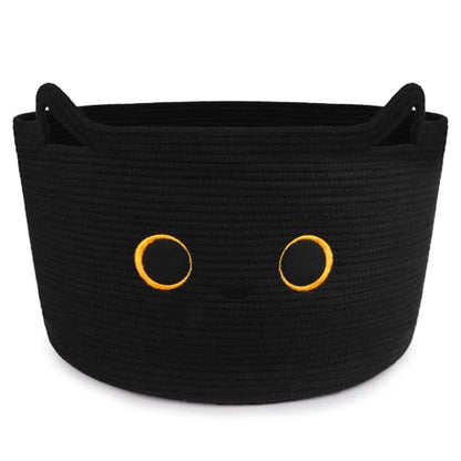 Large Black Cat Basket for Nursery,Cute Cat Woven Laundry Blanket Cotton - color: Black, size: 23 × 13 inches