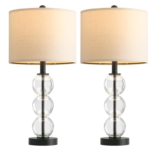 Oneach 25" Glass Table Lamps Set of 2, Black Modern Table Lamps with USB Ports for Living Room, Linen Shade Bedside Lamps for Bedroom, Nightstand, Side Table (Bulbs not Included) - color: Black