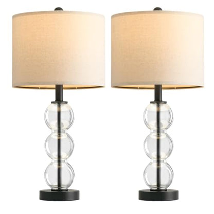 Oneach 25" Glass Table Lamps Set of 2, Black Modern Table Lamps with USB Ports for Living Room, Linen Shade Bedside Lamps for Bedroom, Nightstand, Side Table (Bulbs not Included) - color: Black