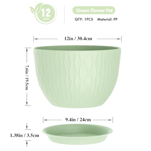 WSMKSZ 12 Inch Large Plant Pots for Indoor or Outdoor Plants, Wide Water Ripples Flower Pots with Drainage Holes & Saucer, Plastic Planters Set for Garden & Home Decor (Green) - color: Green