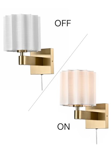 Plug in Gold Wall Sconce Mid Century Modern Pleated Linen Shade - color: Gold