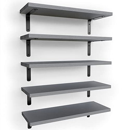 RICHER HOUSE Rustic Wood Floating Shelves Set of 5, Wall Mounted Shelf 16in - color: Grey