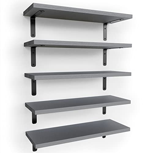 RICHER HOUSE Rustic Wood Floating Shelves Set of 5, Wall Mounted Shelf 16in - color: Grey