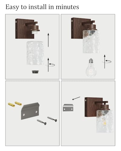 Rayogale Hammered Glass Battery Operated Wall Sconces Set of Two Walnut | Dimmable Rechargeable Wall Lights with Remote Timer, Easy Install Lamp for Living Room Bedroom, Emergency 3000K - color: Walnut(Clear Hammered Lampshades)
