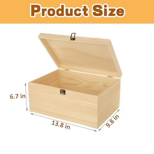 YAYODS Wooden Box with Hinged Lid, 13.7 x 9.8 x 6.7 Inch Large Wood Storage Box, Unfinished Wooden Keepsake Box for Crafts Art and DIY Hobbies, Jewelry, and Home Storage