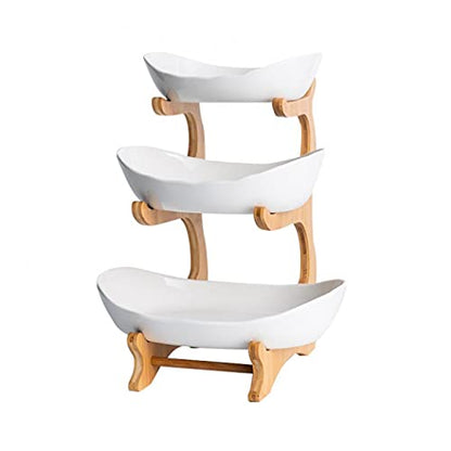 XUDREZ 3-Tier Ceramic Fruit Basket with Bamboo Tray, Large Capacity - color: white porcelain