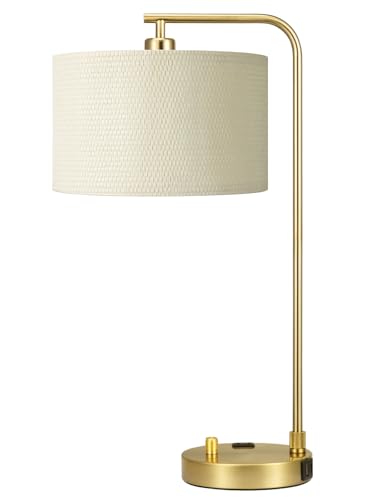 20.7" Gold Table Lamp with USB & Outlet, Fully Dimmable Nightstand Lamp - color: I-Weaving Shade & Gold Base