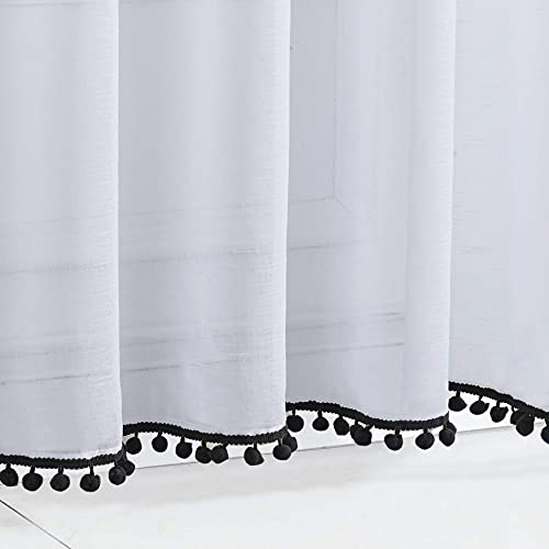 White Sheer Curtains with Black Pom-Pom for Living Room 52x63 Kids Room 2pk - color: White - Black, size: 52"W x 63"L (Pack of 2)