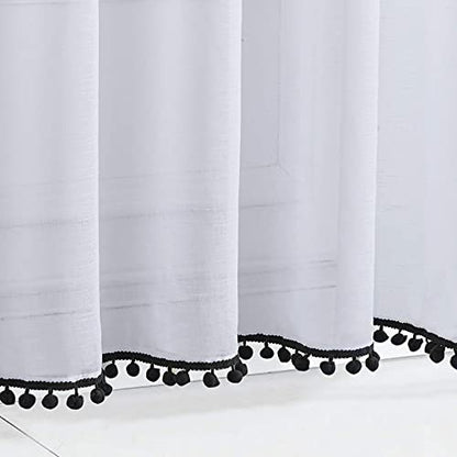 White Sheer Curtains with Black Pom-Pom for Living Room 52x63 Kids Room 2pk - color: White - Black, size: 52"W x 63"L (Pack of 2)
