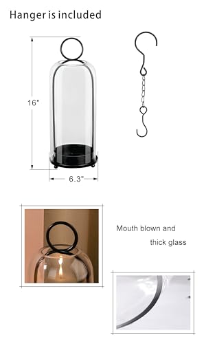16" High Versatile Modern Metal Hurricane Lantern with Handmade Sturdy Glass Dome in Black for Pillar Candle & Plants, Industrial, Farmhouse, Shabby Chic (Black, 6.3:x16.5) - color: Black, size: 6.3"x16.5"