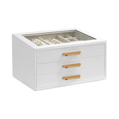 Homeanda Jewelry Boxes Organizer with Glass Lid, 3-Layer PU Leather, White - color: White, size: 3 Layer