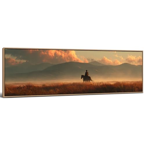 Large Cowboy Wall Art Framed Vintage Western Wall Decor Nature Mountain Canvas Picture Office Home Decor Sunset Forest Scenery Painting Countryside Riding Horse Artwork Living Room Decorations 14x48” - color: Cowboy