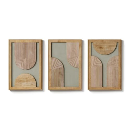 Framed 3D Wood Boho Abstract Textured Wall Decor Living Room, 24x36 Inch - color: Neutral Grey Green
