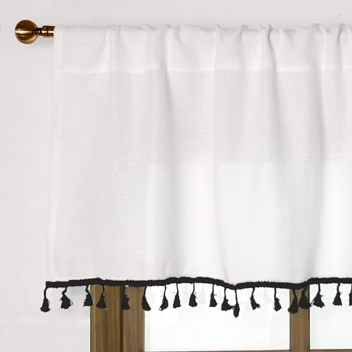 Oindec Faux Linen Kitchen Valances with Tassels, White, 54x15 inch - color: Black