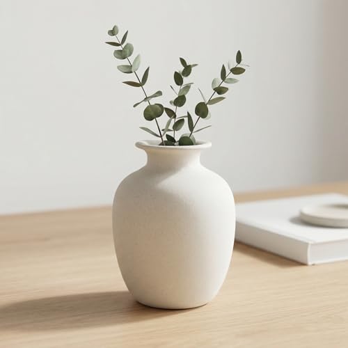 Rustic Farmhouse Vase for Pampas Grass, Beige Ceramic Vase for Flowers, 7 Inch Boho Vases for Home Decor, Aesthetic Desk, Night Stand, Book Shelf Decor - color: Beige