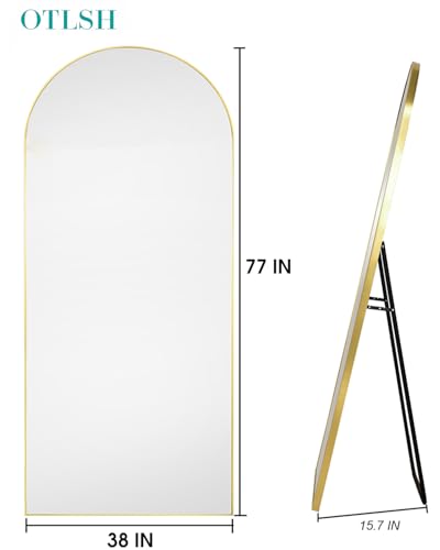 Otlsh 77" x 38" Arched Floor Mirror, Gold Aluminum Frame, Standing/Leaning or Wall Mount, Modern Home Decor - color: Gold, size: 77"L x 38"W