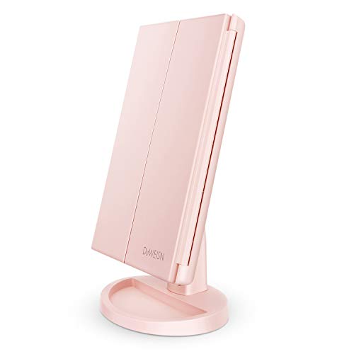deweisn Tabletop Mount Tri-Fold Lighted Vanity Mirror with 21 LED Lights, Touch Screen and 3X/2X/1X Magnification, Two Power Supply Modes Make Up Mirror,Travel Mirror - color: Pink