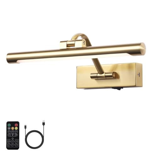 12.6 inch LED Wireless Picture Lights for Wall Rechargeable, Battery Operated Art Light for Paintings, 3CCT Dimmable, Brass Finish with Remote, Rotatable Gallery Light for Pictures Display - color: Battery Operated Brass, size: 12.6 Inch