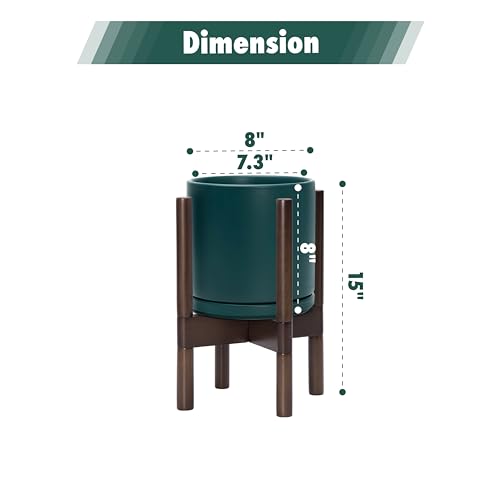 D'vine Dev Ceramic Pot with Walnut Wood Stand, Teal, 8 in, 55-B-Y-4 - color: Teal Pot + Walnut Color Stand, size: 8 Inch