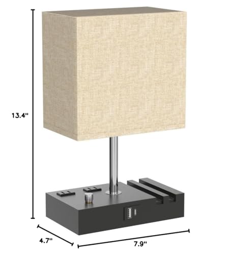 Beige Table Lamp for Bedroom - Stepless Dimmable, USB C+A, 2 AC Outlets - color: Beige with Knob Switch, size: 1 Pack
