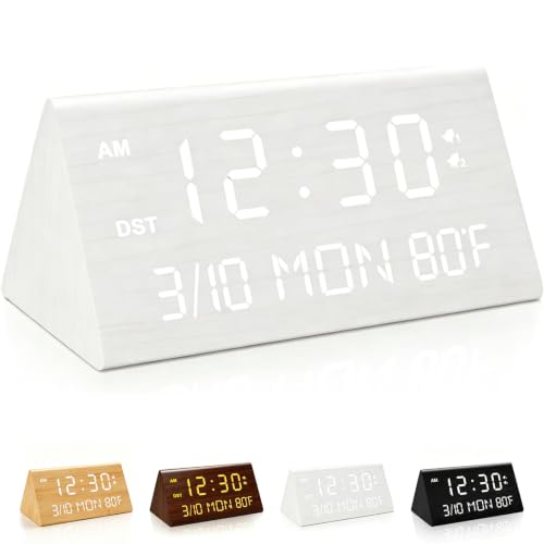 Premium Wooden Digital Alarm Clock with USB Charging Ports, Dimmable LED Display, Date, Day of Week, Temperature, DST, Clocks for Bedrooms, Desk, Nightstand, Bedside, Table, Office, Living Room Decor - color: Triangle - White